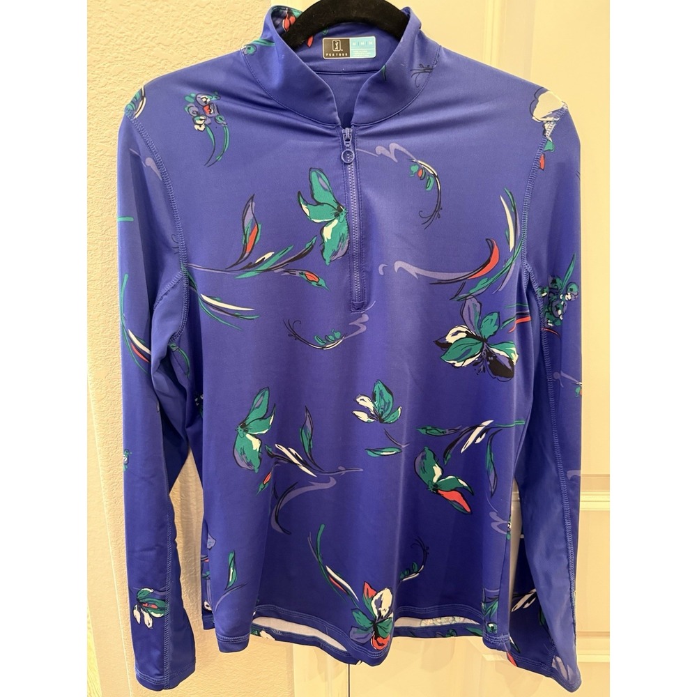 BRIGHT & BOLD Blue PGA Tour Long‎ Sleeve Floral 1/4 Zip Pullover. Size M.
